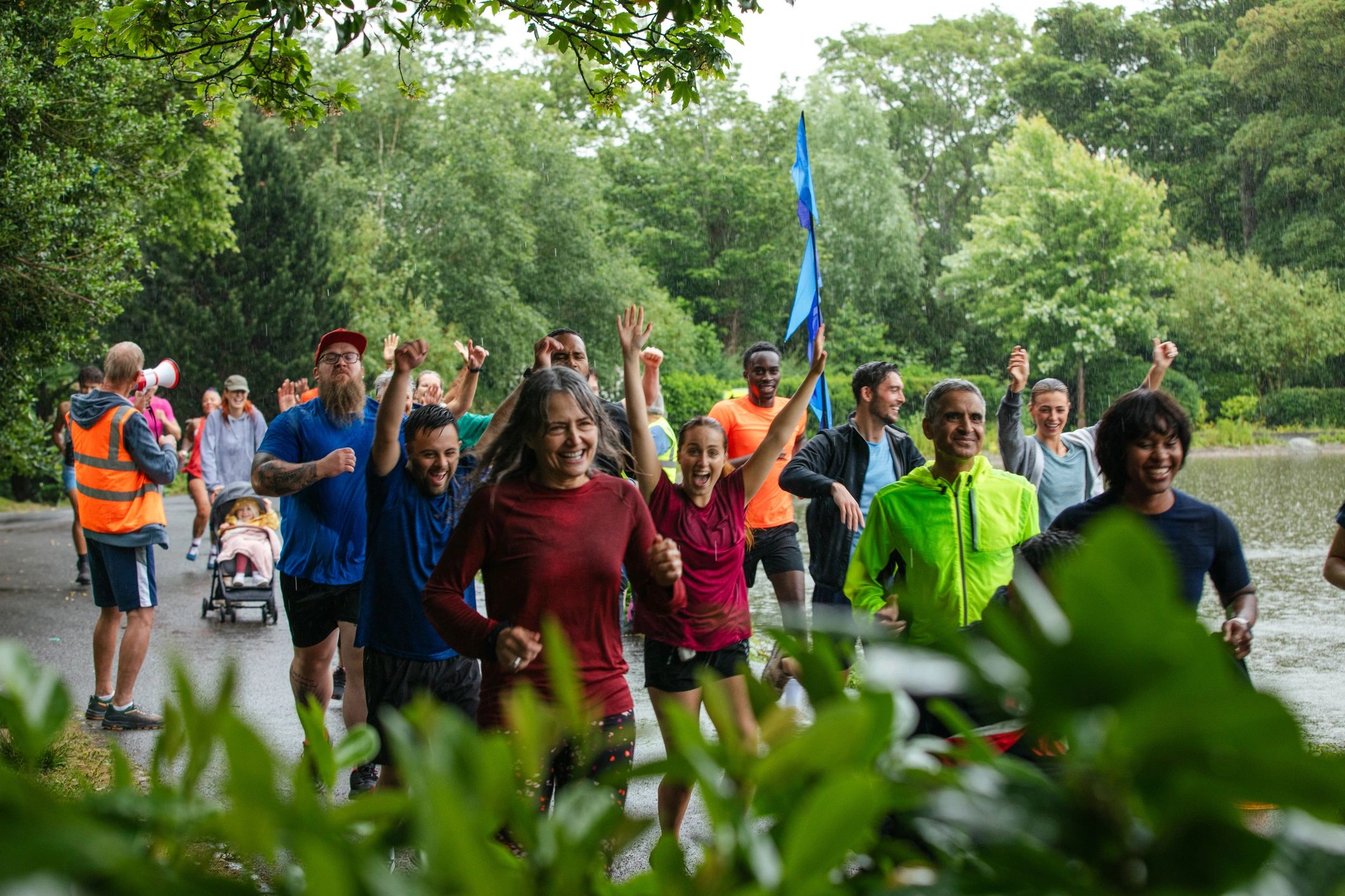 People gathering at an event entrance